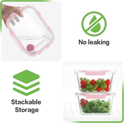HOMBERKING 4 Pieces 63oz/8cup Large Glass Food Storage Containers with Lids, Meal Prep Containers, Airtight Bento Boxes with Leak Proof Locking (2 Containers + 2 Lids), Microwave, Oven Safe-Pink