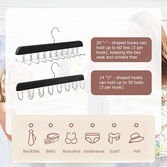 2 Pack Tie Rack Belt Hanger with 20 Foldable Metal Hooks, Space Saving Necktie Organizer for Men Wooden Belt Tie Organizer for Tank Tops Bras Cami Scarves
