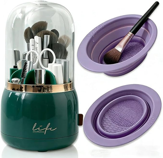 360 Rotating Makeup Brush Holder with Lid,Clear Dustproof Make Up Organizers for Vanity Countertop,Includes a Foldable Bowl for Cleaning Makeup Brush,Transparent, Dustproof-Green