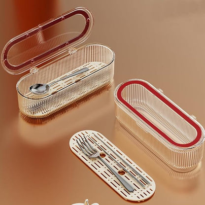 Silverware Organizer with Lid and Drainer, Covered Utensil Tray for Kitchen Drawer and Countertop, Red Clear Plastic Cutlery and Flatware Storage Box for Spoons Forks Knives Holder Case