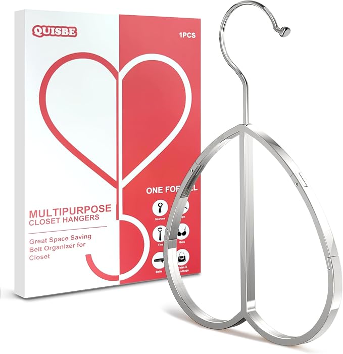 Love Shape Multipurpose Closet Hangers-Tie and Belt Hanger for Closet- Ideal for Storing Belts, Ties, Scarfs, Baseball Hats, Purses & More- Great Space Saving Belt Organizer for Wardrobe - Silvery