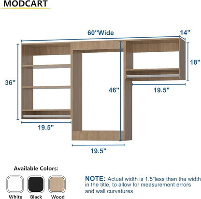 Modular Closet System, 60" Wide Organizer With Hanging Shelving, Wood Tower Storage for Walk-In Closets, Wall Mounted Wardrobe Kit, Bedroom