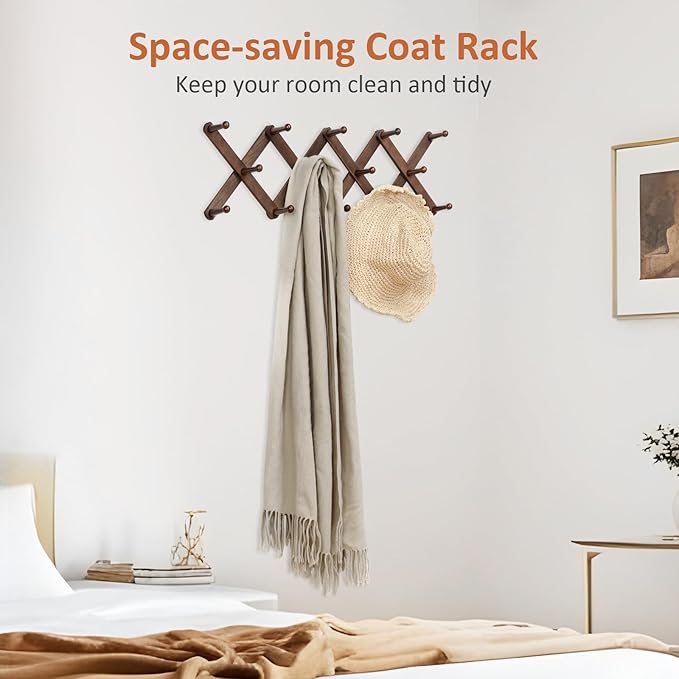 Accordion Wall Hanger, Hat Rack for Wall with 14 Coat Hooks, Expandable Hat Hangers Organizer, Vintage Decorative Coat Rack Wall Mount for Purse, Mug (Brown)