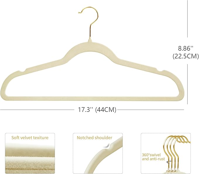 ManGotree Velvet Coat Hangers with 360° Swivel Gold Hook, Non-Slip Felt Suit Hangers, Ultra-Thin Space Saving Clothes Hanger for Jacket, Sweater, Shirt, Dress, Pants (66 Pack, Beige)