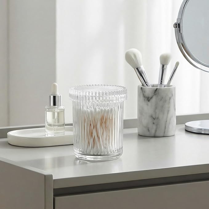 rejomiik Glass Qtip Holder Dispenser 2 Pack, Bathroom Canister Apothecary Jars with Lids, Vanity Makeup Accessories Storage Organizer for Cotton Swabs, Cotton Balls, Pads, Floss Picks, Clear