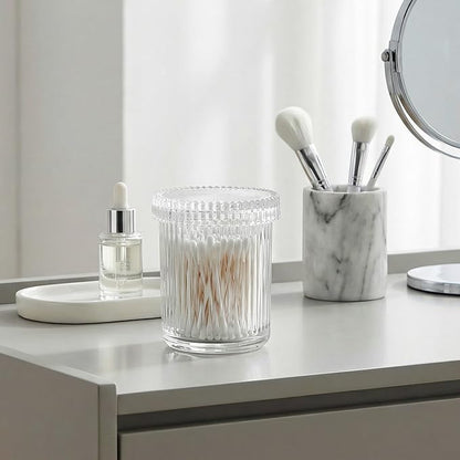 rejomiik Glass Qtip Holder Dispenser 2 Pack, Bathroom Canister Apothecary Jars with Lids, Vanity Makeup Accessories Storage Organizer for Cotton Swabs, Cotton Balls, Pads, Floss Picks, Clear