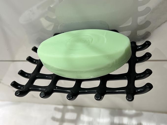 2-Pack Adhesive Bar Soap Holder, No-Drill Wall Mounted Soap Dish for Shower, Self-Draining Soap Saver with Grid Design, Plastic Soap Rack for Bathroom, Kitchen (Black)