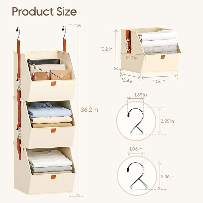Homsorout Collapsible Hanging Closet Organizer - 3 Tier Closet Shelves Storage System with Hooks, Fabric Hanging Storage Bins for Clothes, Foldable Storage Basket for Laundry, Bedroom, Rv, Beige