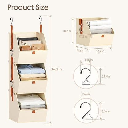 Homsorout Collapsible Hanging Closet Organizer - 3 Tier Closet Shelves Storage System with Hooks, Fabric Hanging Storage Bins for Clothes, Foldable Storage Basket for Laundry, Bedroom, Rv, Beige