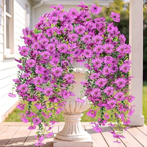 Sggvecsy Artificial Fake Hanging Flowers Plants for Outdoor Outside Spring Summer Decoration 2PCS Faux Silk UV Resistant Realistic Mums Daisy with Eucalyptus for Home Porch Patio Balcony(Magenta) by Sggvecsy