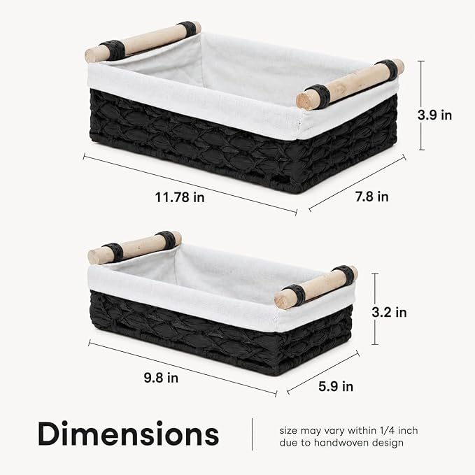 Black Wicker Bathroom Baskets Set of 2 with Linen Liner & Wooden Handles – Black Paper Rope Storage Baskets for Shelves, Bathroom Counter & Modern Décor