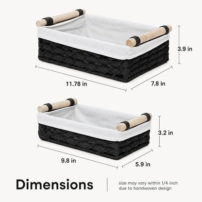 Black Wicker Bathroom Baskets Set of 2 with Linen Liner & Wooden Handles – Black Paper Rope Storage Baskets for Shelves, Bathroom Counter & Modern Décor