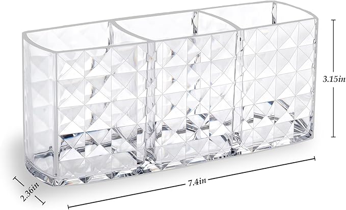 MOSIKER Makeup Brush Holder for Vanity,Acrylic Clear Small Compact Nail Hair Lip Liner Brush Pen Organizer with 3 Slots