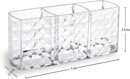 MOSIKER Makeup Brush Holder for Vanity,Acrylic Clear Small Compact Nail Hair Lip Liner Brush Pen Organizer with 3 Slots
