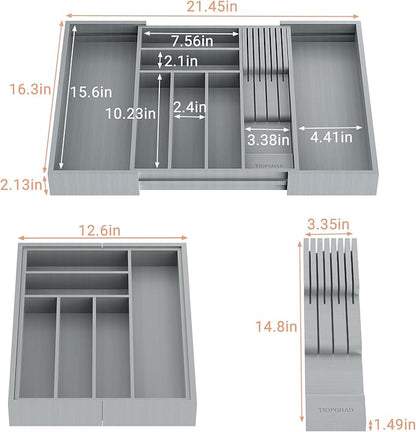 TIOPGHAD Bamboo-Silverware-Drawer-Organizer-Kitchen, Expandable Utensil Holder Cutlery Tray Flatware Organization Adjustable Wood Tableware Dividers Storage (with Removable Knife Block)(Grey)