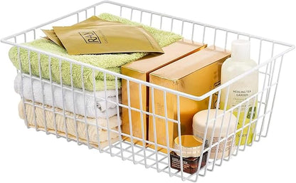 15.2" Metal Wire Baskets for Organizing 6 Pack, Household Pantry Storage Freezer Organizer Bins with Handles, Freezer Baskets for Upright Freezer, Refrigerators, Kitchen Cabinets, White