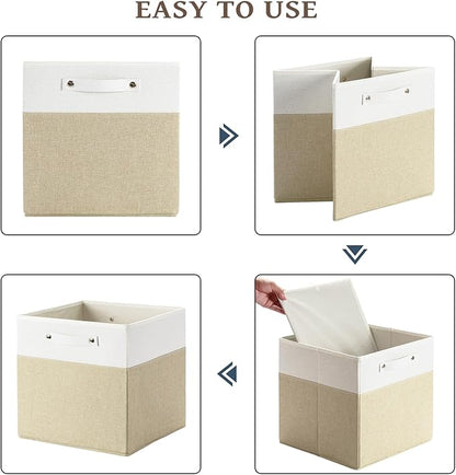 FinishingBo 13 x 13 Inch Fine Linen Storage Bins with Handles，Fabric Cube Boxs，Basket Organizers for Shelves for Home, Closet Drawers (White/Khaki-4 Pack)