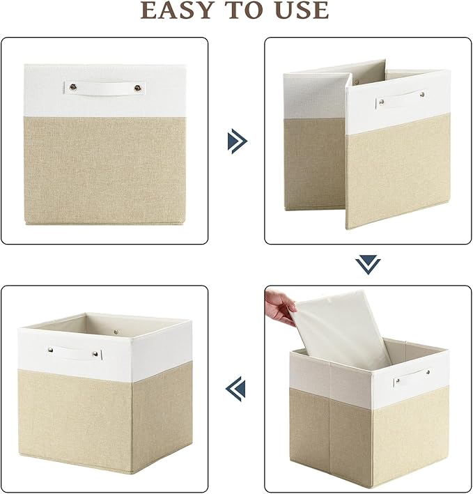 FinishingBo 13 x 13 Inch Fine Linen Storage Bins with Handles，Fabric Cube Boxs，Basket Organizers for Shelves for Home, Closet Drawers (White/Khaki-6 Pack)