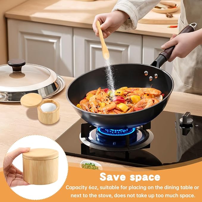 Magnetic Rotating Lid Bamboo Spice Jar with Built in Spoon, 6oz Salt Cellar Small Sal-t Box, Kitchen Salt Pepper Shaker, Easy-Pour Spice Dispenser for Sugar, Herbs, Seasonings(COLOR:Wood)