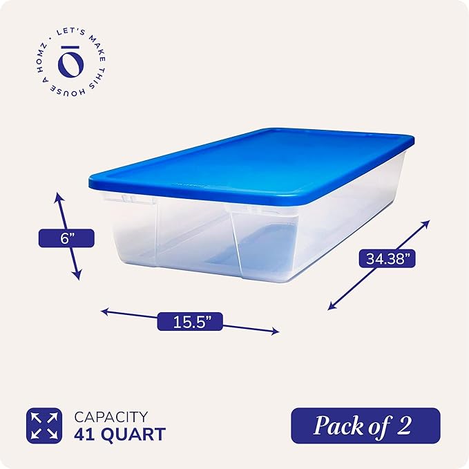 HOMZ 2-Pack Snaplock, Large Clear Plastic Storage Organizer Bins w/Lids, 41 Quart, Blue - Stackable Container Boxes for Bedroom, Bathroom, Garage, and Office Organization