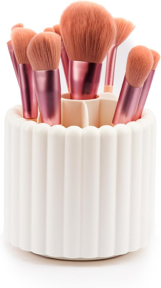 360 Rotating Makeup Brush Holder,Cute Makeup Brush Cup, Removable 7 Slots Spinning Cosmetic Brushes Storage Pen Holder for Vanity, Dresser, Desk, 5 Inch | 1 Pack White