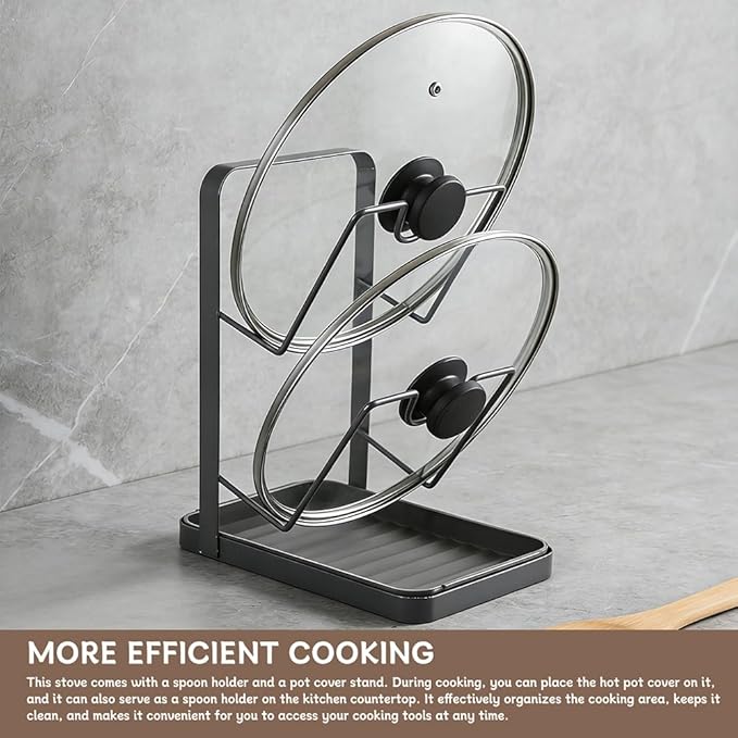 Stainless Steel Pot Lid Holder While Cooking Kitchen Pot Lid Storage Rack Pots Lids Holder With Tray and 2pcs Gloves Kitchen Organizer Stand for Stove Top(COLOR:black)
