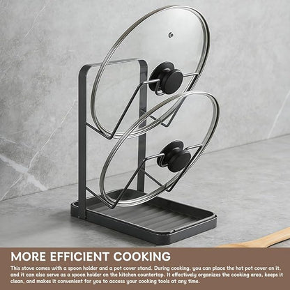 Stainless Steel Pot Lid Holder While Cooking Kitchen Pot Lid Storage Rack Pots Lids Holder With Tray and 2pcs Gloves Kitchen Organizer Stand for Stove Top(COLOR:black)
