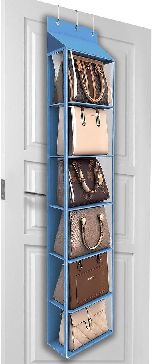 Lirex Over The Door Purse Organizer & Purse Shelf for Closet – Handbag Storage Organizer with Purse Hanger. Perfect for Scarves, Hats, and Leggings. L (15.7'' x 5.7'' x 68''), Blue