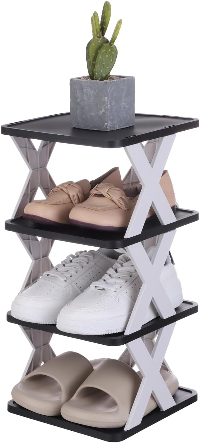 uxcell 4-Tier Plastic Shoe Rack, Vertical Shoe Rack Stackable Storage Organizer Folding Space-Saving Narrow Slot Shelf for Closet Livingroom Entryway Garage, White/Black