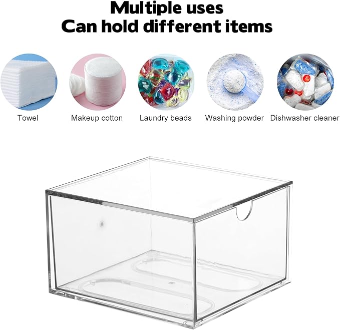Rainmae Disposable Face Towel Holder, Face Towel Storage Box Bin, Stackable Clear Makeup Organizer with Drawer for Clean Skin Club Face XL Towels Holder for Vanity Bathroom and Makeup Organization