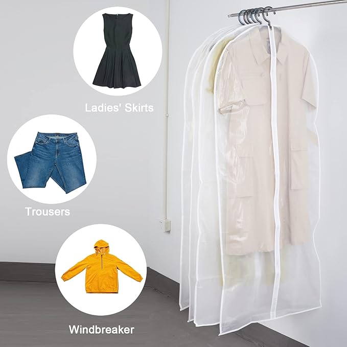 Clear Garment Bags with Full Zipper Lightweight Foldable Dust Proof Breathable Extra Wide Travel Suit Bags for Hanging Clothes Closet Storage, 24''x48'' / 6 Pack