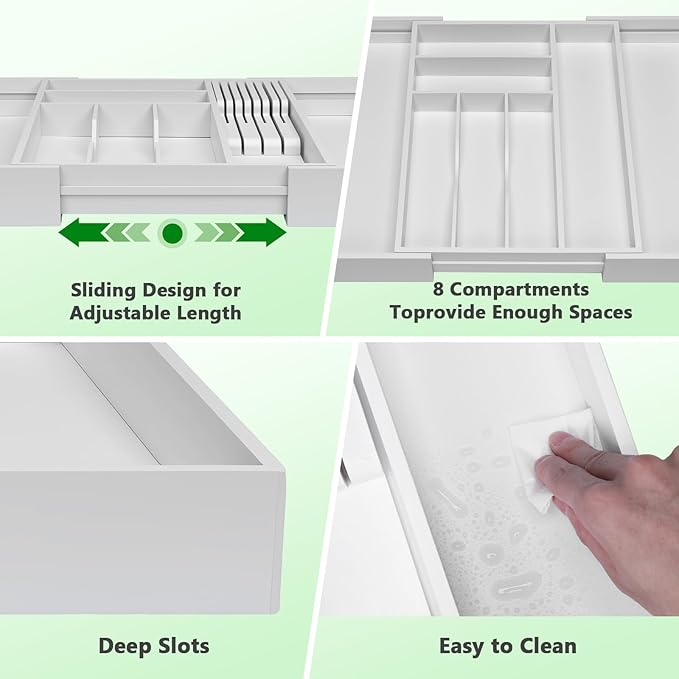 9-Piece Bamboo Kitchen Drawer Organizer Set, Expandable Silverware &Utensil Organizer with Removable Knife Block & Steak Knives, Flatware Organization, Tableware Dividers Storage(White)