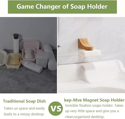 (2Sets)Bamboo Magnetic Bar Soap Holder For Shower Wall,Magnet Soap Saver For Bar Soaps Self Draining,Shower Storage for Soaps & Beard Shampoo Bars -No More Soggy Soaps,Soap Dish Dispenser Bath Kitchen
