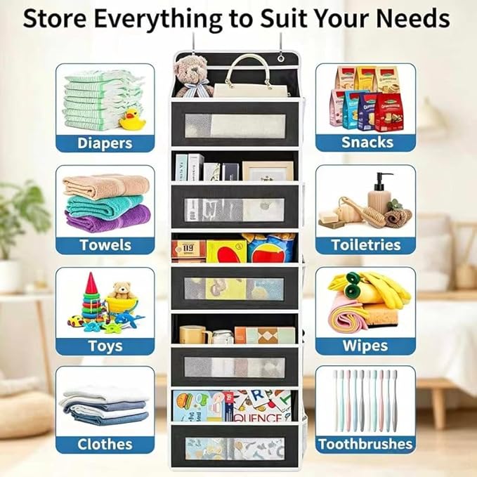 5-layer large capacity storage bag on the door, with 5 side pockets and transparent mesh visible design. The hard bottom plate is not easily deformed, and hooks and screws can be hung (black)