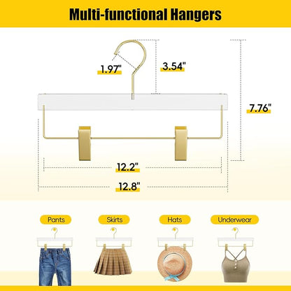 10 Pack Gold Acrylic Hangers, Clear Pants Hangers with Adjustable Non-Slip Clips for Pants, Skirts, Jeans, Trousers, Adults & Kids, Clothing Closet Storage