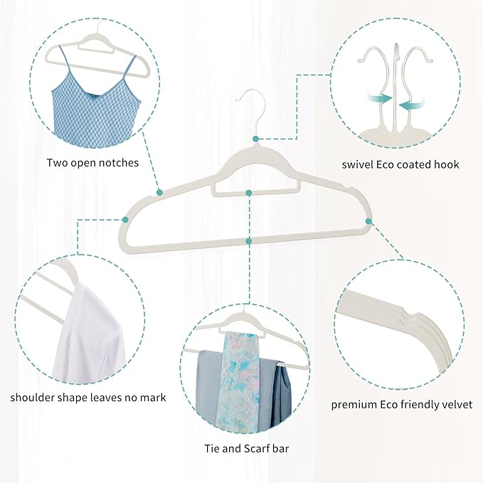 30 Pack White Velvet Hangers, Ultra Slim Non-Slip Felt Coat Suit Hangers with Space Saving 360° Swivel Hook, Modern Clean Look for Closet Organization