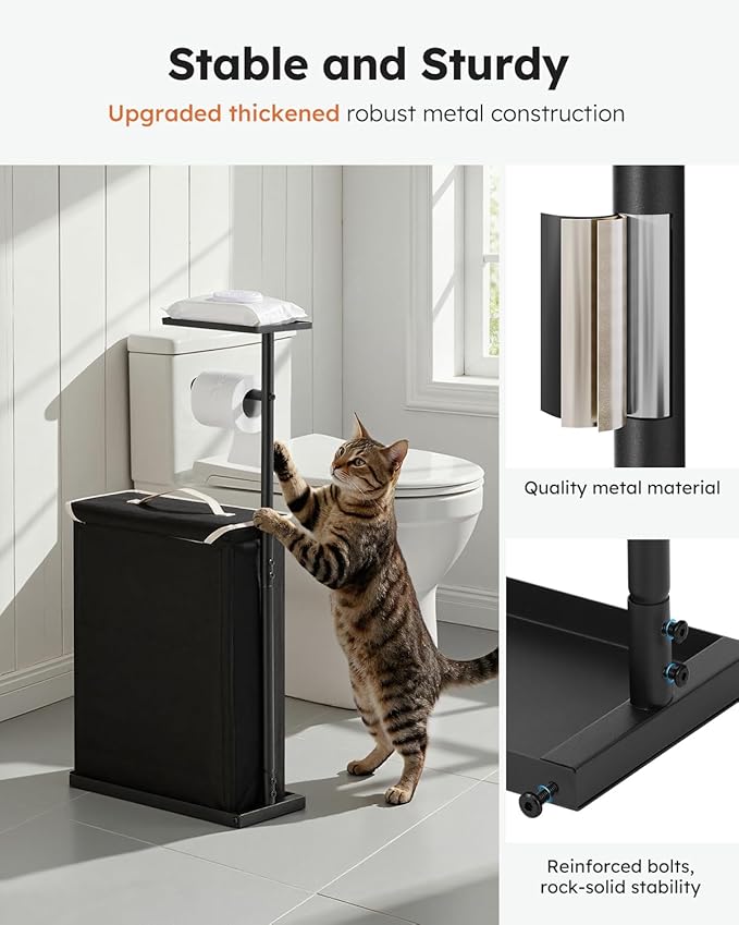 30" H Toilet Paper Holder Stand with Storage for Up to 12 Rolls,Rustproof Free Standing Toilet Paper Stand with Shelf,All-in-One Toilet Tissue Roll Dispenser and Organizer with a Basket,Black