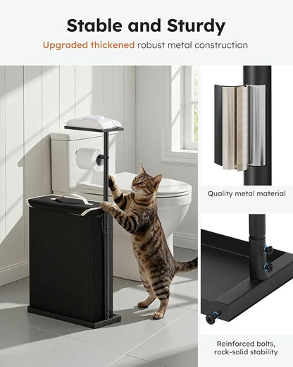 30" H Toilet Paper Holder Stand with Storage for Up to 12 Rolls,Rustproof Free Standing Toilet Paper Stand with Shelf,All-in-One Toilet Tissue Roll Dispenser and Organizer with a Basket,Black