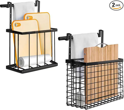 2 Pack Cabinet Door Organizer with Towel Bar, Over The Cabinet Door Storage with Towel Holder for Kitchen Cutting Board,Black