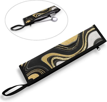 Portable Tableware Carrier Pouch Cutlery Bag Silverware Organizer Accessories for Travel Camp Party,Art Black Marble
