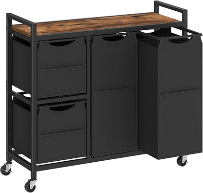 HOOBRO Laundry Sorter with 4 Section, 34 Gal. (127 L) Laundry Hamper with Wheels, Rolling Laundry Basket with Shelf, Pull-Out Detachable Bags, Side Pockets, Rustic Brown and Black BF14XY01N1