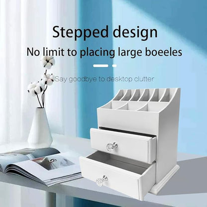 White Wood Cosmetics Organizer Makeup & Beauty Accessories Storage Rack with Drawers for Neat & Organize Storing of Makeup Tools Small Accessories at Home & Office Vanities & Bathroom Counter-top
