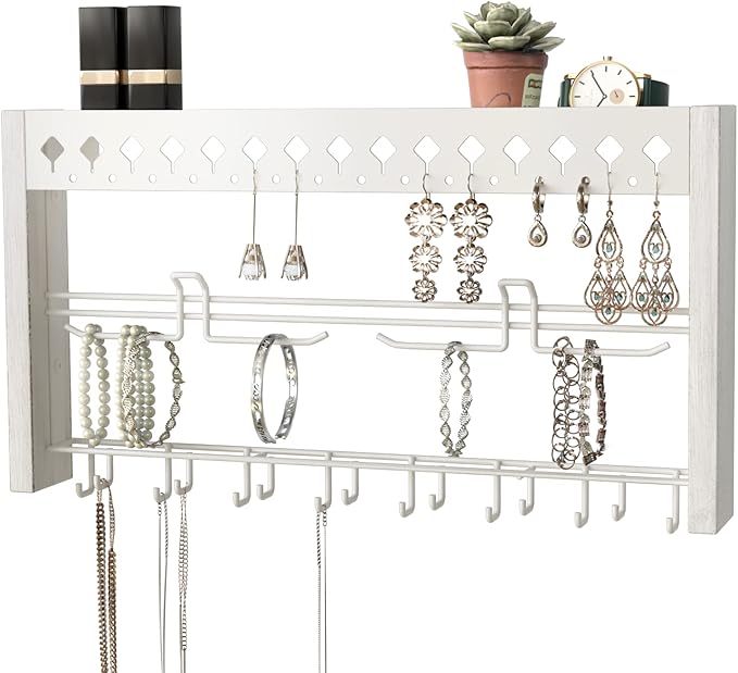JackCubeDesign - Wood Wall Mount Jewelry Organizer with Metal Hooks for Necklaces, Ring, Earrings (White Wood) - MK460C