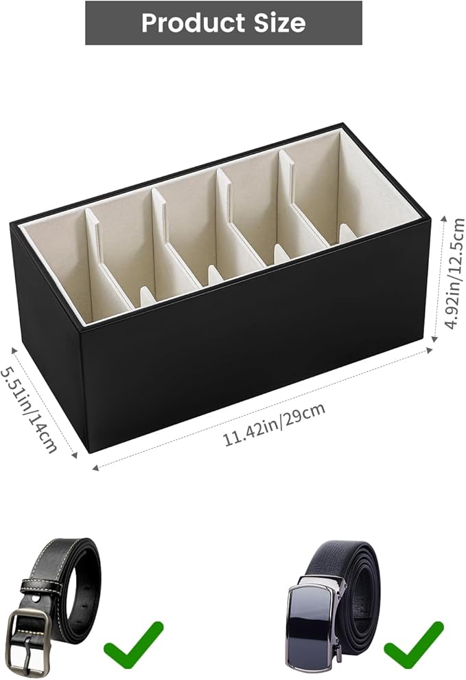 2 Packs Leathers Belt Organizer for Closet and Drawer, Stackable 5 Grids Dresser Drawer Organizers, Belt Tie Holder for Men,Tie Box-Black