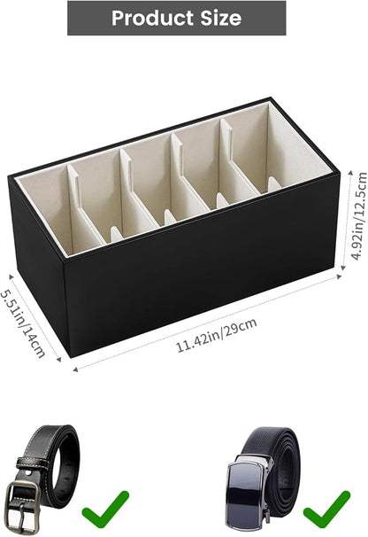 2 Packs Leathers Belt Organizer for Closet and Drawer, Stackable 5 Grids Dresser Drawer Organizers, Belt Tie Holder for Men,Tie Box-Black