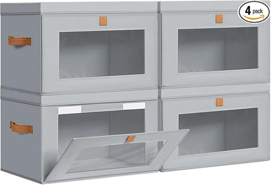 DIMJ Storage Bins with Lids - 4 Pack Fabric Closet Organizer with Window & Handles, Collapsible Decorative Storage Boxes for Shelves Under Bed, Books Clothes Blankets Sweaters Organization