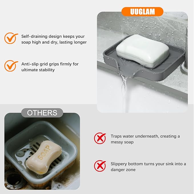 Silicone Soap Dish for Shower with Self Draining, 2 Pack Soap Holder for Bathroom, Silicone Sponge Holder for Kitchen Sink, Soap Tray for Dispenser, Scrubber, Bottle, 4.7"×3.9", Gray & Teal