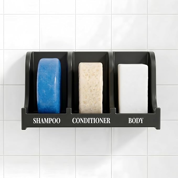 Soap Holder for Shower Wall, 3-Compartment Soap Dish for Shampoo, Conditioner and Body Soap, Fast Draining & Rust-Proof & Heavy Duty, Ultra-Strong Self Adhesive & Freestanding (Black, Label)