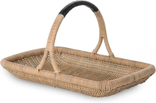 KOUBOO Vegetable & Flower Wicker Basket, Handwoven Rattan Basket with Leather-Wrapped Arch Handle, Organization & Home Decor for Storage, Gardening, Picnics, & Serving, Natural Color, Small
