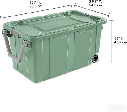 40-gallon plastic storage boxes with snap-on lids and handles, light green, 2-pack